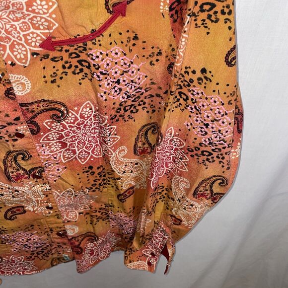 Wrangler Women’s Ruby Red Snap Shirt Size Medium Orange Floral Western Rodeo - Picture 7 of 12